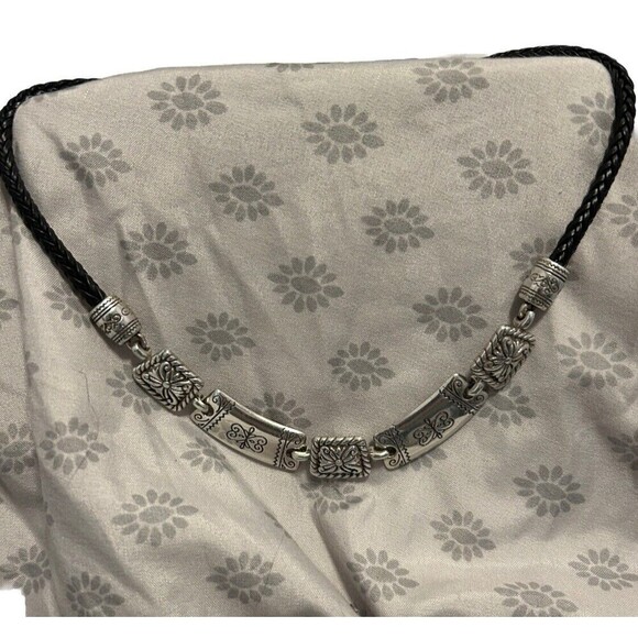 Brighton Retired Vintage Etched Silver Choker Leather Y2K Statement Necklace - Picture 1 of 4